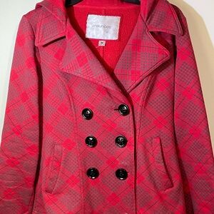 Maurices Double Breasted jacket Women’s Medium hooded coat red black‎ buttons